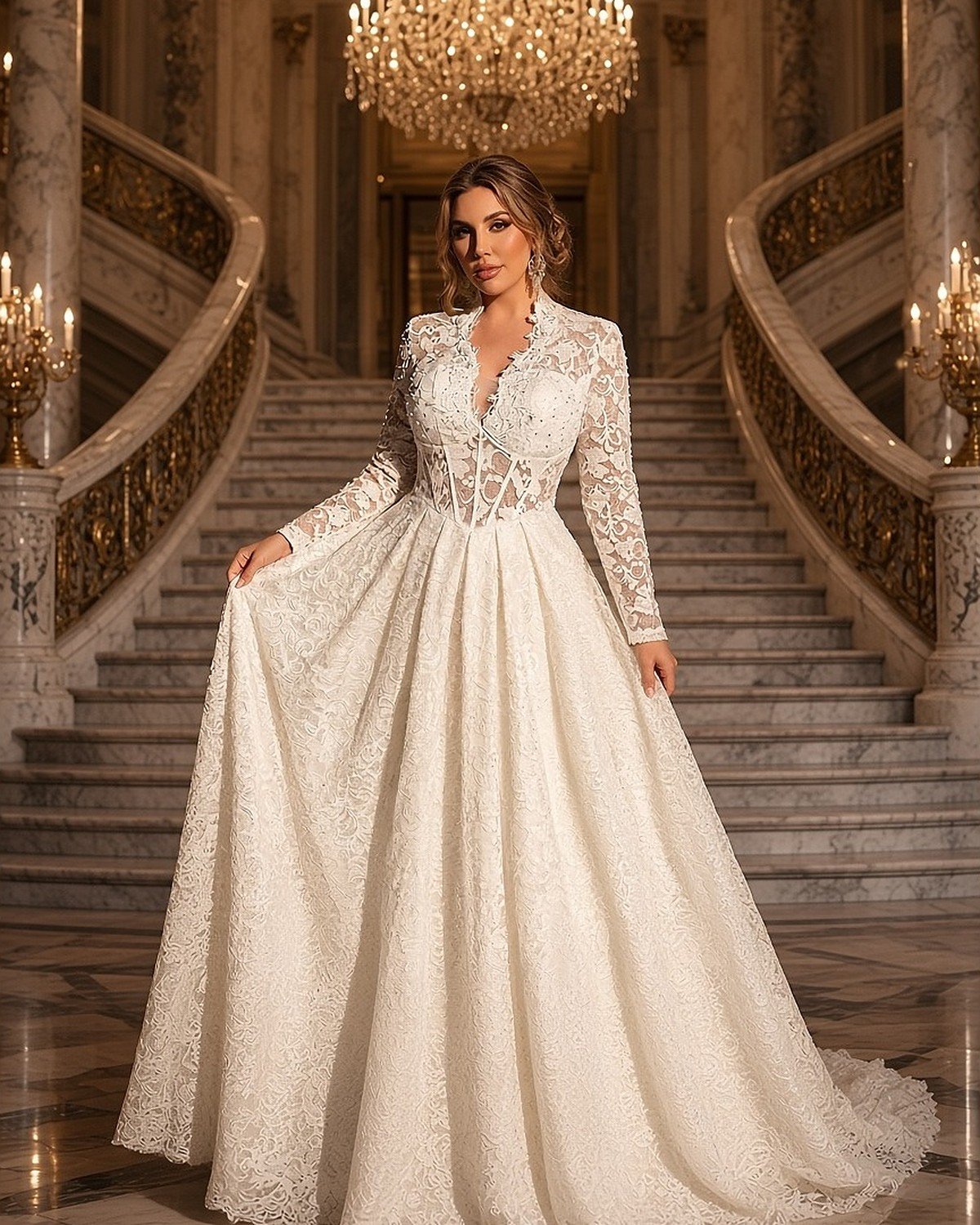 Marina plus size A-line wedding dress with sheer long sleeves - Perla Novia