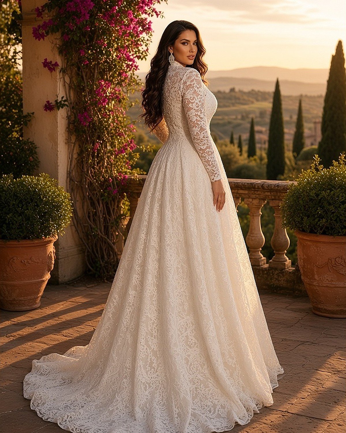 Marina plus size A-line wedding dress with sheer long sleeves - Perla Novia