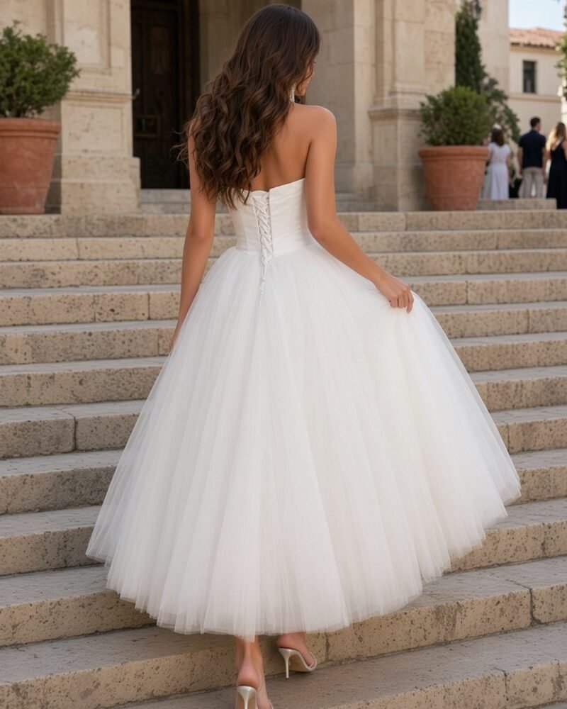 Adela short tea-length wedding dress back view, strapless satin corset bodice with lace-up back and full tulle skirt, bride walking up city hall steps for a civil ceremony