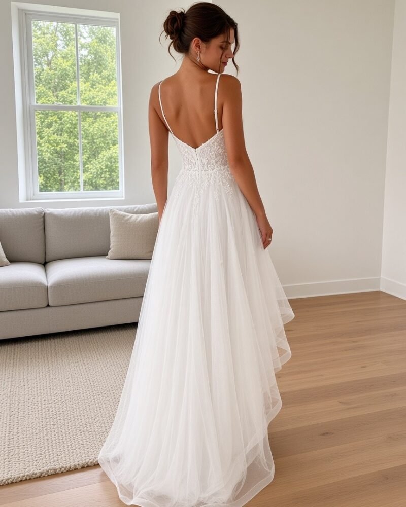 Amaia lace high-low tulle wedding dress, back view with open back