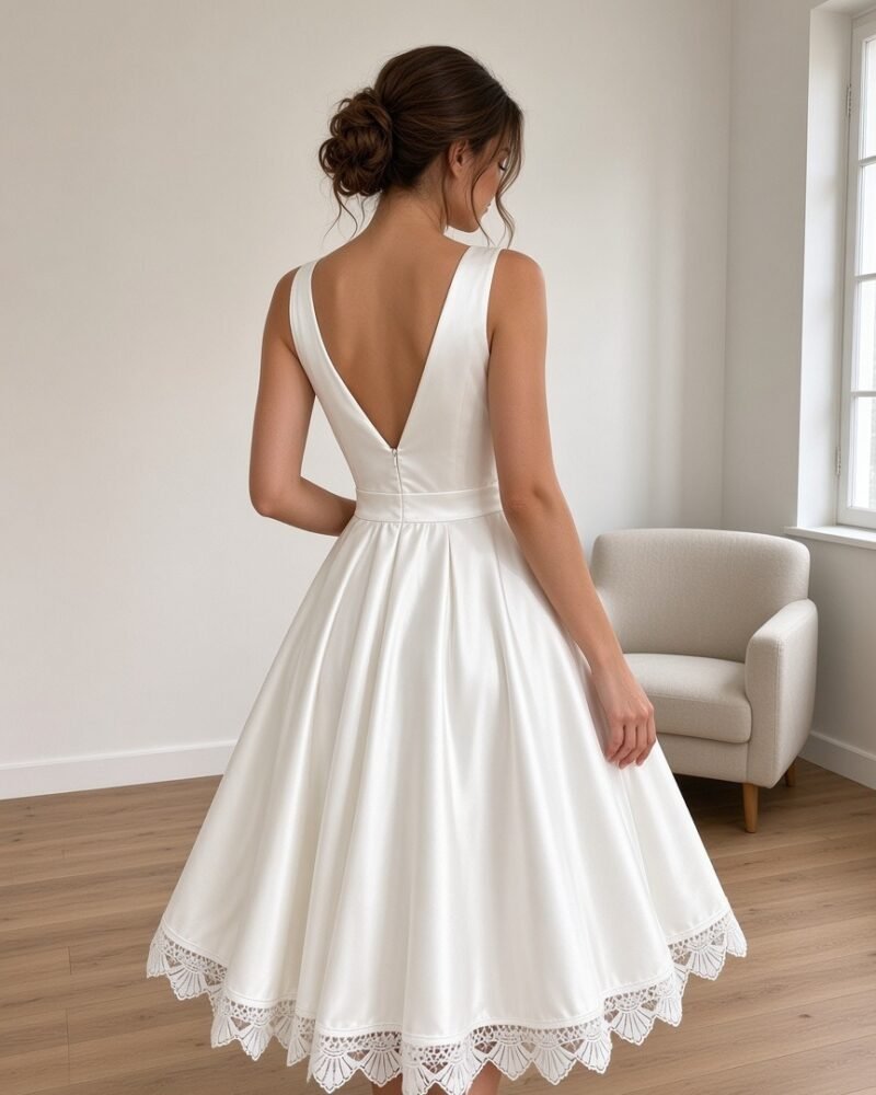 Nuria satin knee-length wedding dress with V back and scalloped lace hem, back view