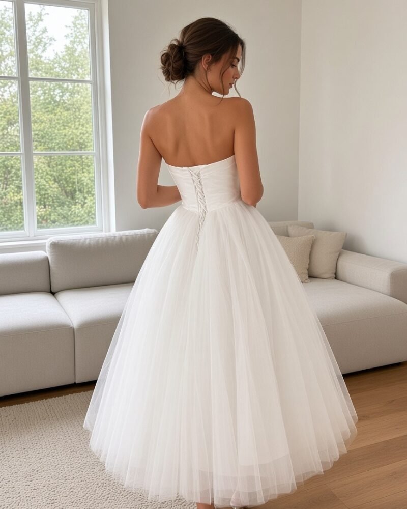 Ana strapless tulle midi wedding dress, back view with lace-up corset