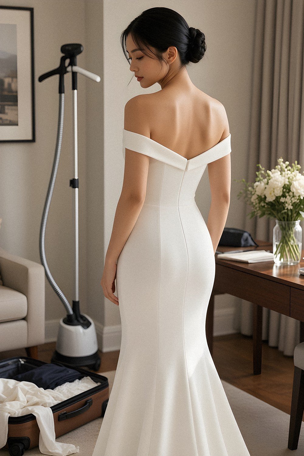 Low bun with an off-the-shoulder neckline — Dalia Mermaid wedding gown