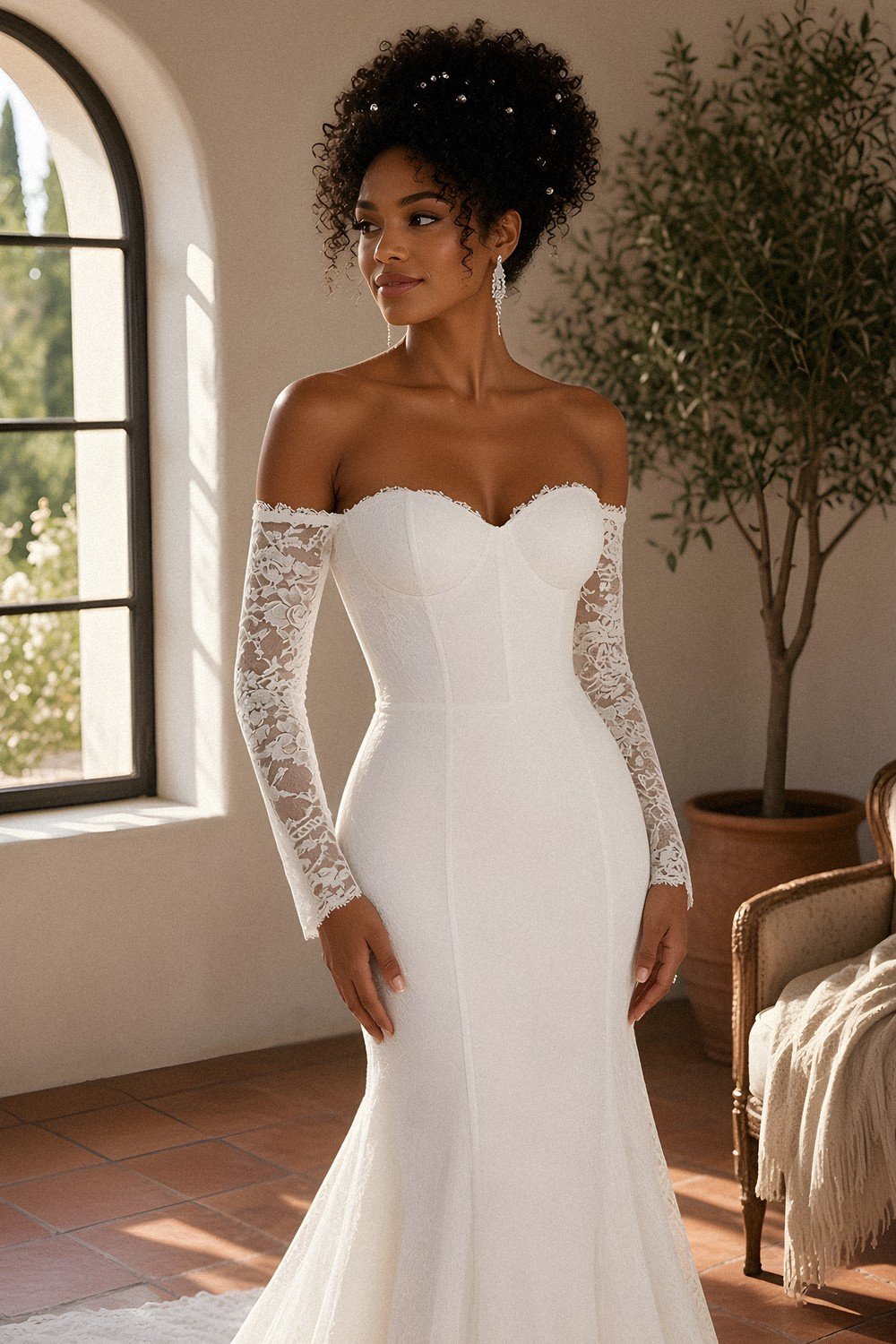 Natural curly updo with a mermaid gown — Rosa Mermaid wedding gown